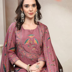 Women Mauve Embroidered Round Neck Kurta & Trousers With Dupatta
