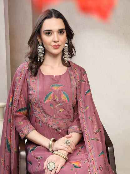 Women Mauve Embroidered Round Neck Kurta & Trousers With Dupatta