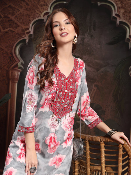 Women Red Viscose Rayon Straight Kurtas