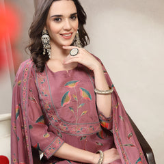 Women Mauve Embroidered Round Neck Kurta & Trousers With Dupatta