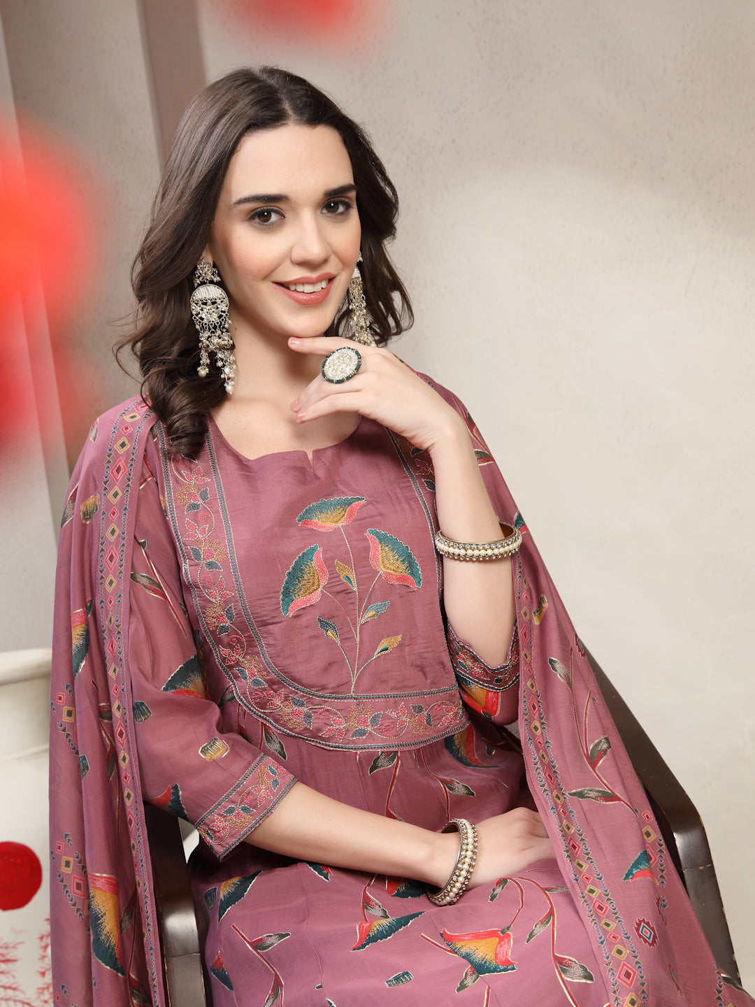 Women Mauve Embroidered Round Neck Kurta & Trousers With Dupatta