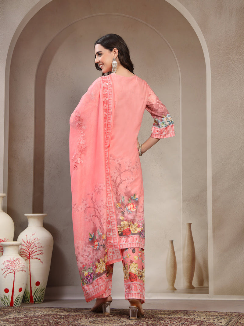 Women Peach Printed V-Neck Kurta & Trousers With Dupatta