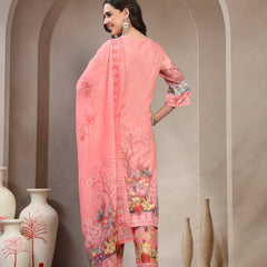 Women Peach Printed V-Neck Kurta & Trousers With Dupatta