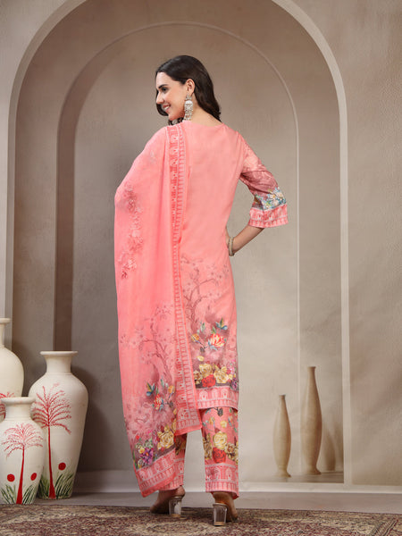 Women Peach Printed V-Neck Kurta & Trousers With Dupatta