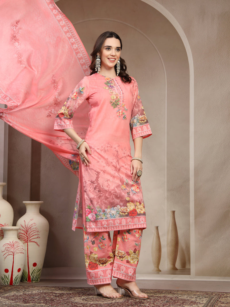 Women Peach Printed V-Neck Kurta & Trousers With Dupatta