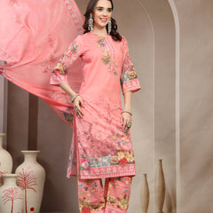 Women Peach Printed V-Neck Kurta & Trousers With Dupatta