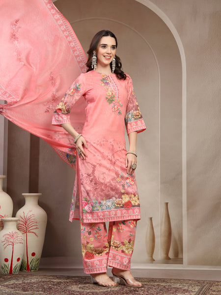 Women Peach Printed V-Neck Kurta & Trousers With Dupatta