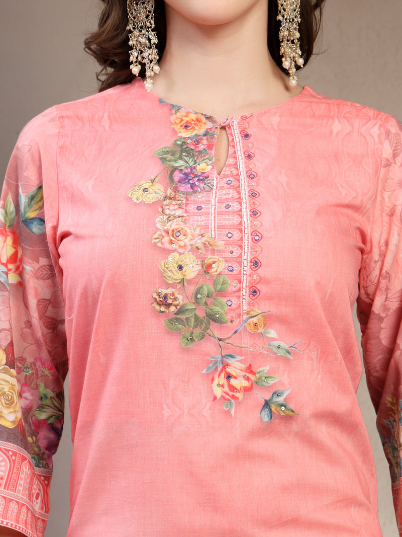 Women Peach Printed V-Neck Kurta & Trousers With Dupatta