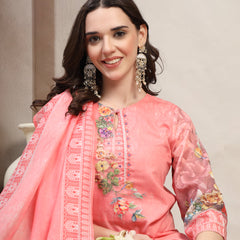 Women Peach Printed V-Neck Kurta & Trousers With Dupatta