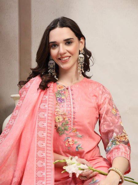 Women Peach Printed V-Neck Kurta & Trousers With Dupatta