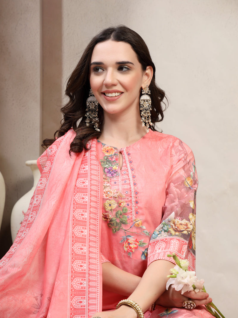 Women Peach Printed V-Neck Kurta & Trousers With Dupatta