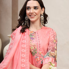 Women Peach Printed V-Neck Kurta & Trousers With Dupatta