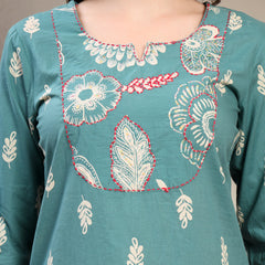 Women Green  Printed Pure Cotton V-Neck Kurta & Palazzos With Dupatta