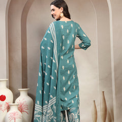 Women Green  Printed Pure Cotton V-Neck Kurta & Palazzos With Dupatta