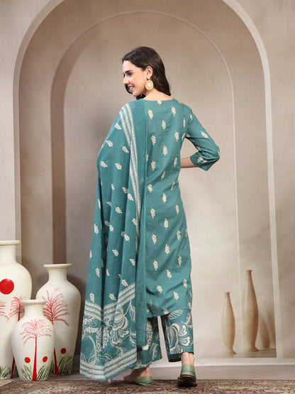 Women Green  Printed Pure Cotton V-Neck Kurta & Palazzos With Dupatta