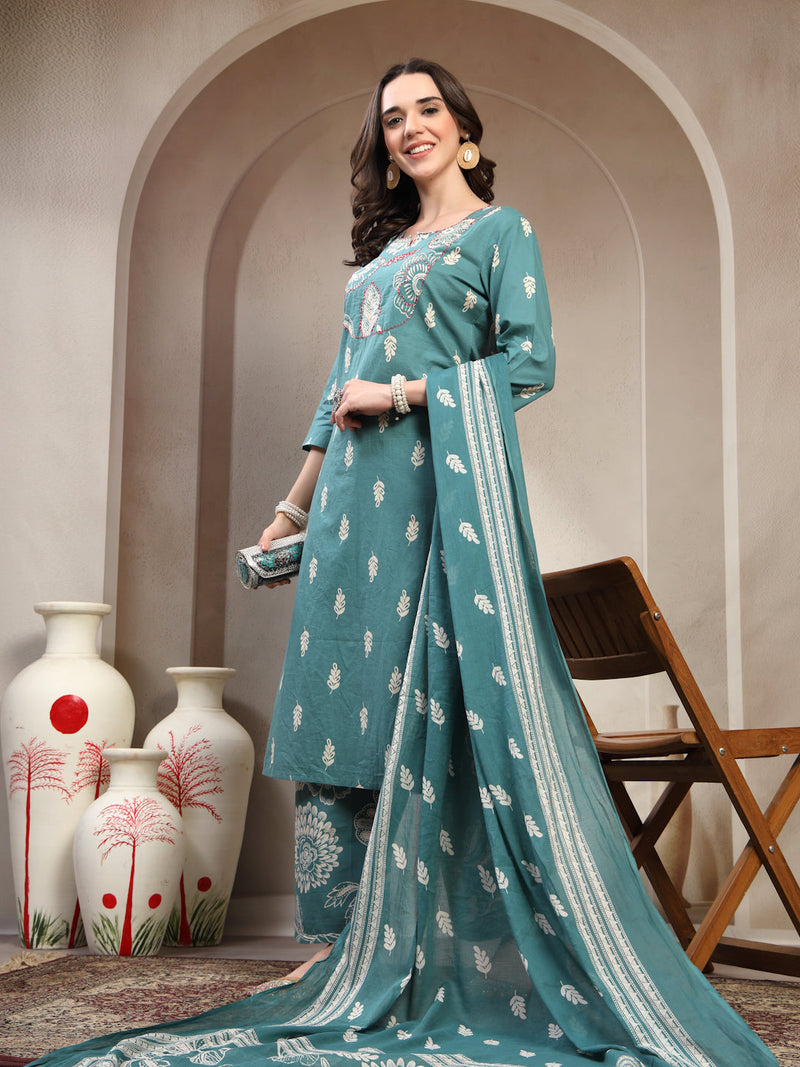 Women Green  Printed Pure Cotton V-Neck Kurta & Palazzos With Dupatta