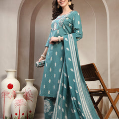Women Green  Printed Pure Cotton V-Neck Kurta & Palazzos With Dupatta