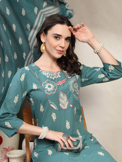 Women Green  Printed Pure Cotton V-Neck Kurta & Palazzos With Dupatta