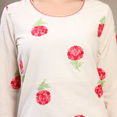 Women Off White Embroidered Pure Cotton Round Neck Kurta & Palazzos With Dupatta