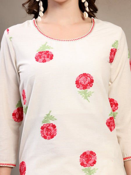 Women Off White Embroidered Pure Cotton Round Neck Kurta & Palazzos With Dupatta
