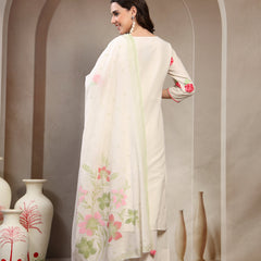 Women Off White Embroidered Pure Cotton Round Neck Kurta & Palazzos With Dupatta