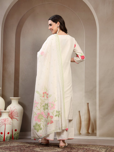 Women Off White Embroidered Pure Cotton Round Neck Kurta & Palazzos With Dupatta