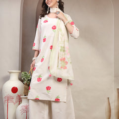 Women Off White Embroidered Pure Cotton Round Neck Kurta & Palazzos With Dupatta