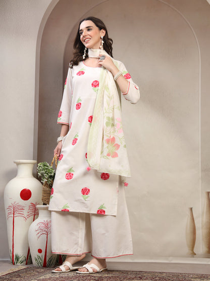 Women Off White Embroidered Pure Cotton Round Neck Kurta & Palazzos With Dupatta