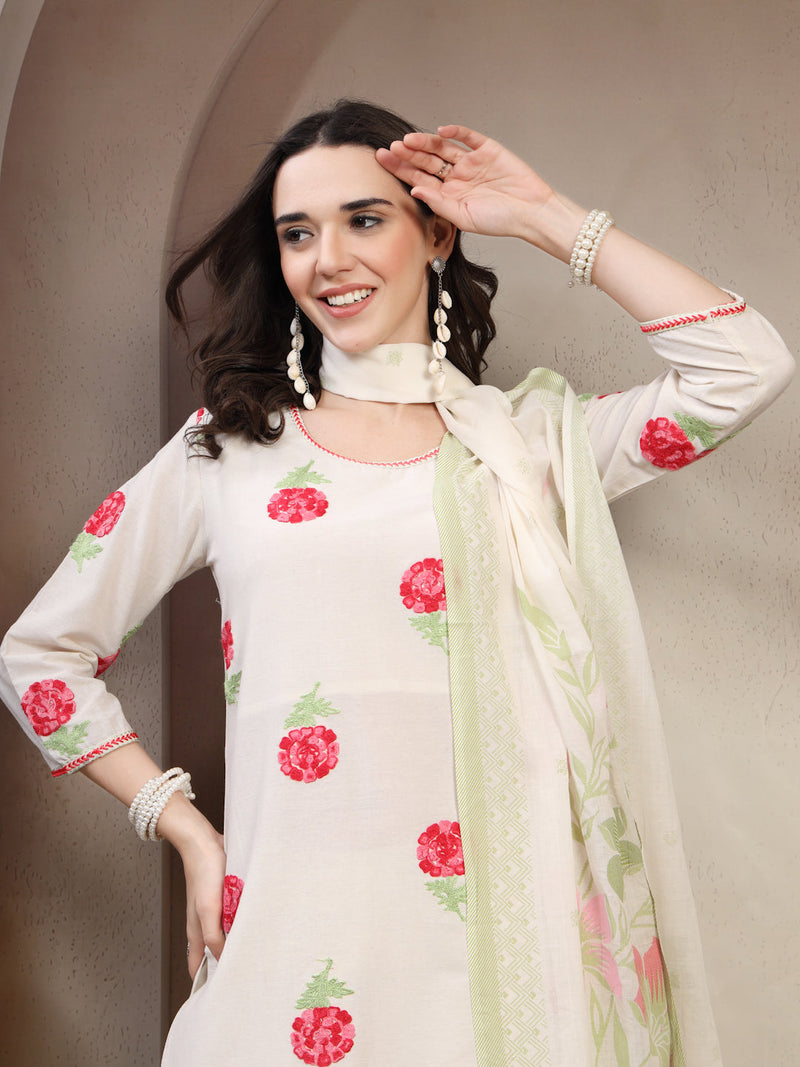 Women Off White Embroidered Pure Cotton Round Neck Kurta & Palazzos With Dupatta
