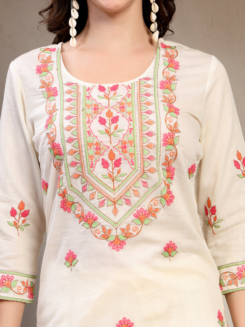 Women Off White Floral Embroidered Pure Cotton Round Neck Kurta & Palazzos With Dupatta
