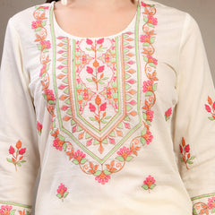 Women Off White Floral Embroidered Pure Cotton Round Neck Kurta & Palazzos With Dupatta
