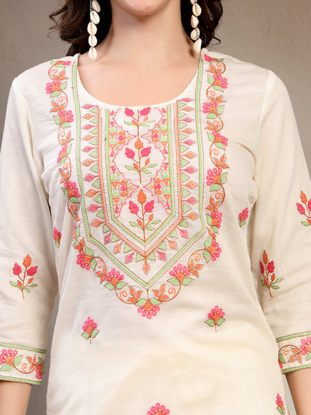 Women Off White Floral Embroidered Pure Cotton Round Neck Kurta & Palazzos With Dupatta