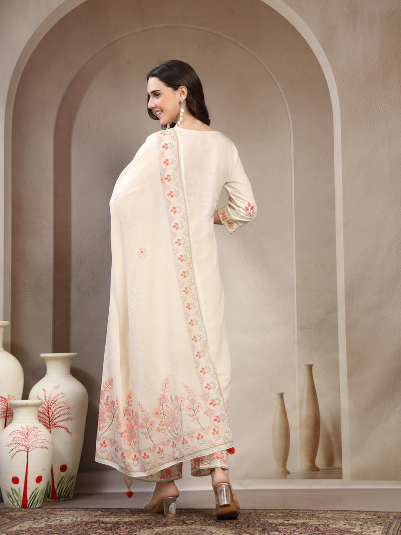 Women Off White Floral Embroidered Pure Cotton Round Neck Kurta & Palazzos With Dupatta