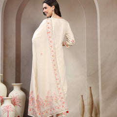 Women Off White Floral Embroidered Pure Cotton Round Neck Kurta & Palazzos With Dupatta