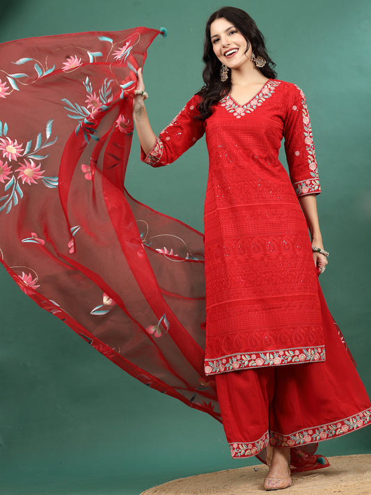 Women Red  Color Wave Desigen Embroidery Staright Kurta Sharara With Dupatta Set