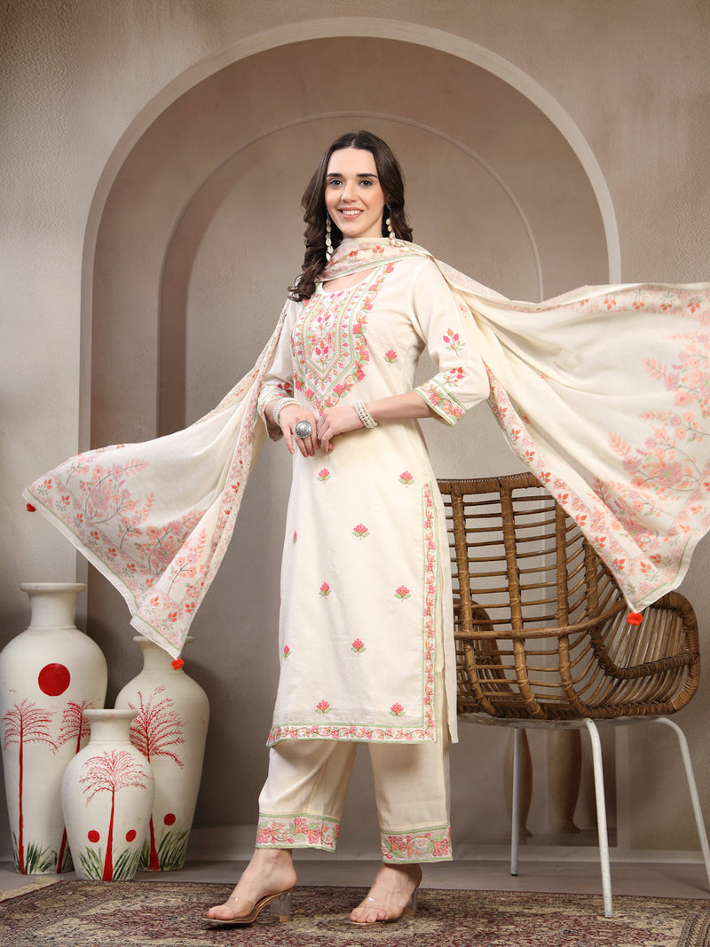 Women Off White Floral Embroidered Pure Cotton Round Neck Kurta & Palazzos With Dupatta