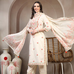Women Off White Floral Embroidered Pure Cotton Round Neck Kurta & Palazzos With Dupatta