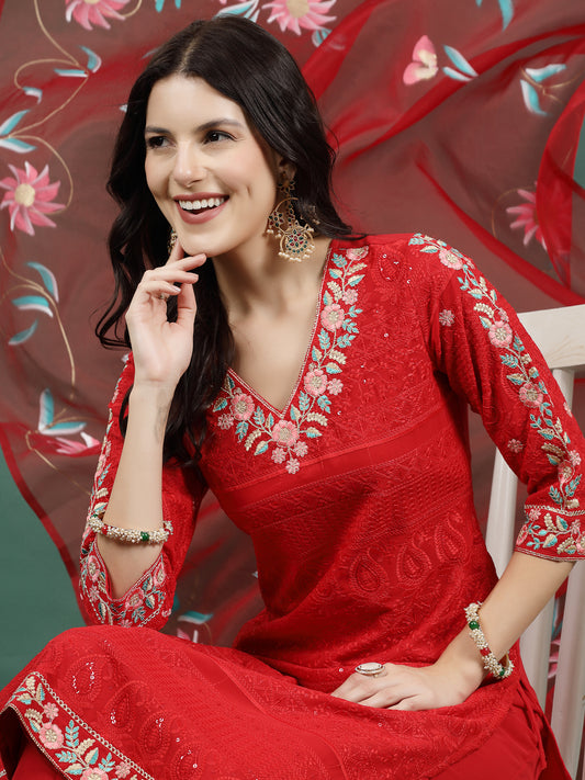 Women Red  Color Wave Desigen Embroidery Staright Kurta Sharara With Dupatta Set
