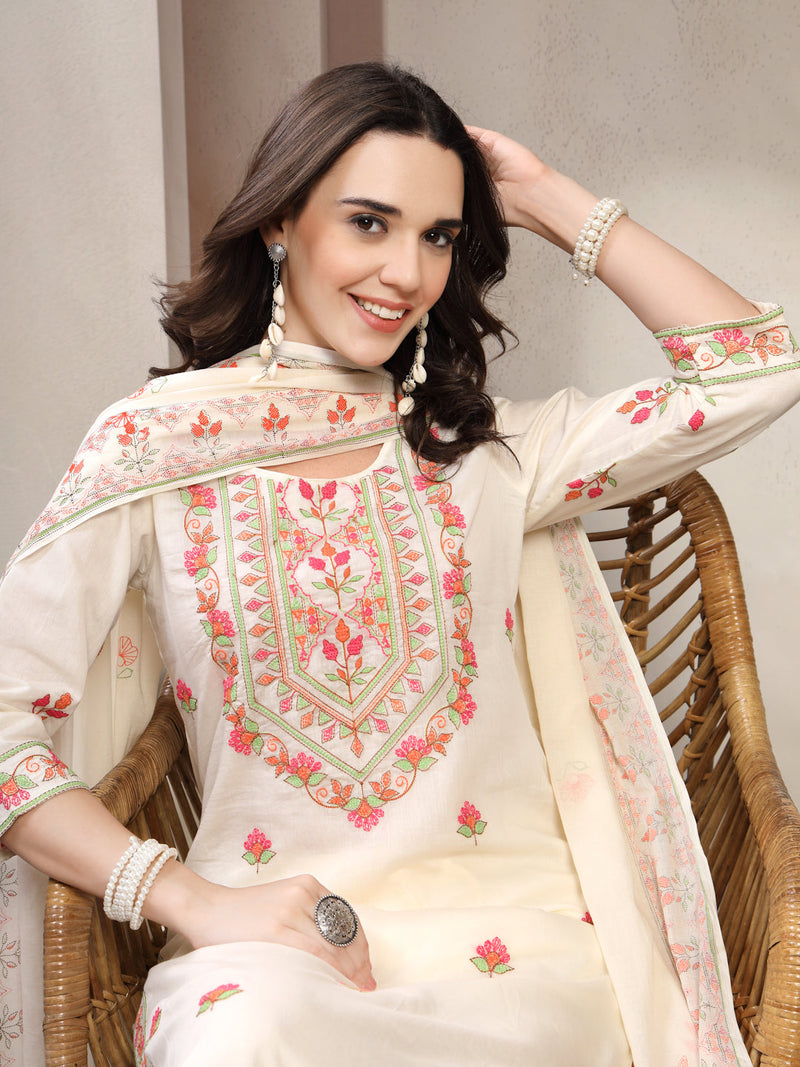 Women Off White Floral Embroidered Pure Cotton Round Neck Kurta & Palazzos With Dupatta
