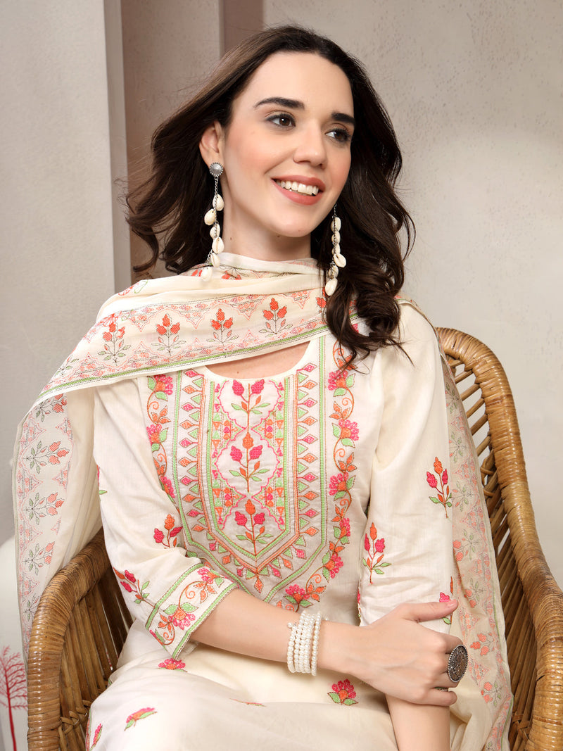 Women Off White Floral Embroidered Pure Cotton Round Neck Kurta & Palazzos With Dupatta