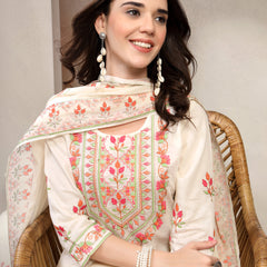 Women Off White Floral Embroidered Pure Cotton Round Neck Kurta & Palazzos With Dupatta