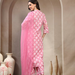 Women Pink Floral Printed Pure Cotton Square Neck Kurta & Trousers With Dupatta