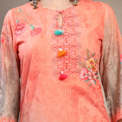 Women Peach Printed Keyhole Neck Kurta & Trousers With Dupatta