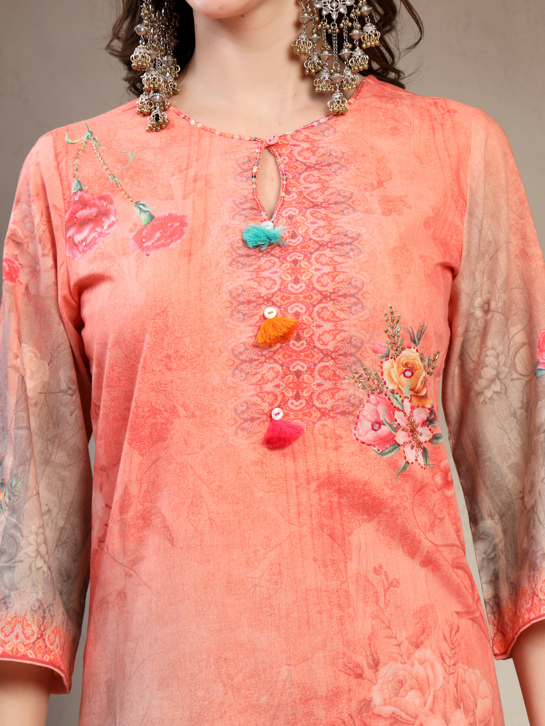 Women Peach Printed Keyhole Neck Kurta & Trousers With Dupatta