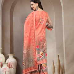 Women Peach Printed Keyhole Neck Kurta & Trousers With Dupatta