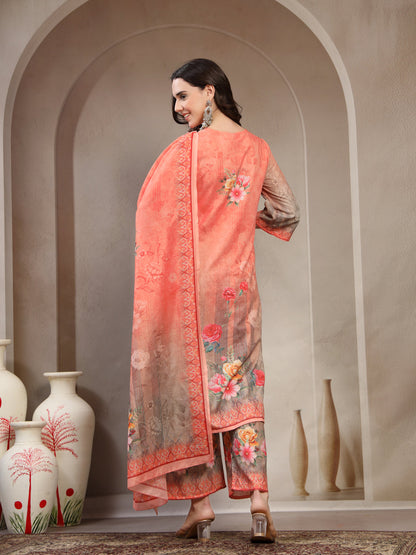 Women Peach Printed Keyhole Neck Kurta & Trousers With Dupatta