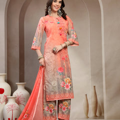 Women Peach Printed Keyhole Neck Kurta & Trousers With Dupatta