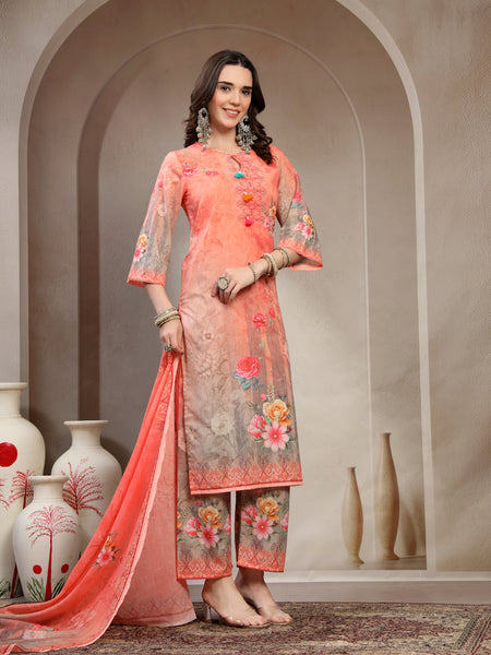 Women Peach Printed Keyhole Neck Kurta & Trousers With Dupatta