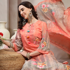 Women Peach Printed Keyhole Neck Kurta & Trousers With Dupatta