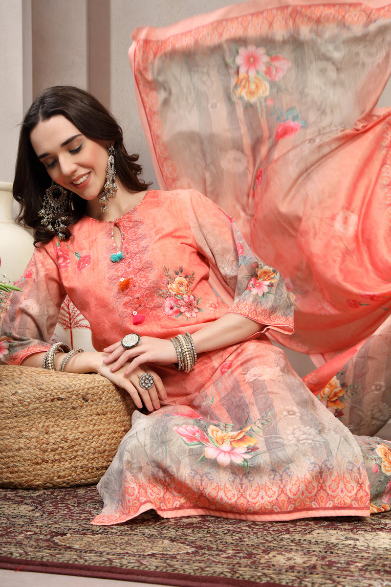 Women Peach Printed Keyhole Neck Kurta & Trousers With Dupatta